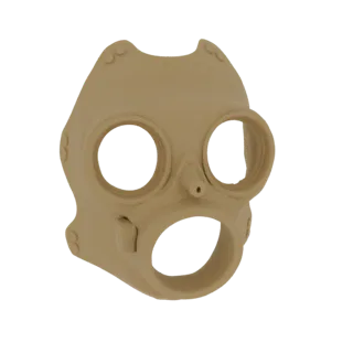 3D model render of a Steampunk gas mask with large circular eye lenses and a vintage industrial design.