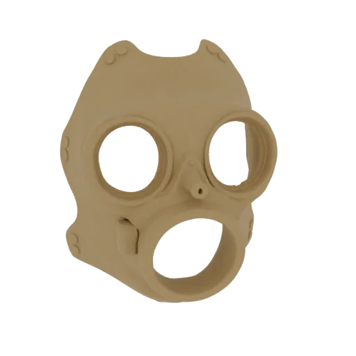 3D model render of a Steampunk gas mask with large circular eye lenses and a vintage industrial design.
