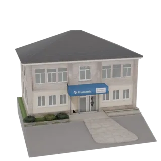 3D model of a two-story modern office building with a blue Prometric awning and large windows, set against a black background