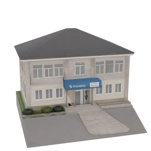 3D model of a two-story modern office building with a blue Prometric awning and large windows, set against a black background