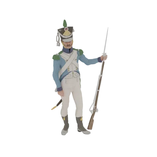 3D model of a French Line Infantryman from 1812, standing with a musket and bayonet, wearing a blue uniform and bicorne hat.