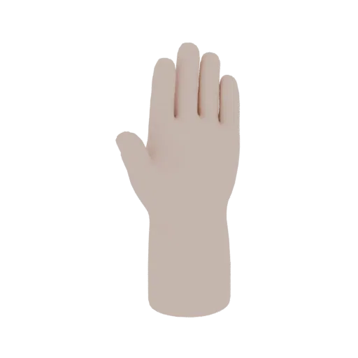 A 3D render of a stylized human hand, shown with fingers slightly spread and palm facing forward against a black background.