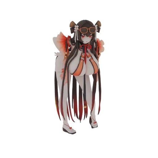 3D model of an anime Koi Fish Girl with long black hair, red eyes, orange sunglasses, and decorative fins, posed dynamically.