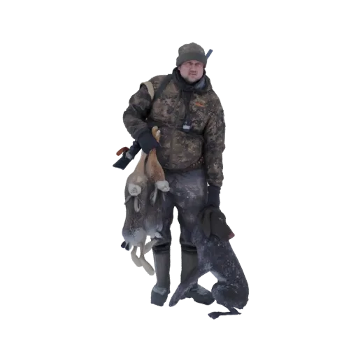 3D model of a hunter in winter camouflage holding two rabbits, with a German Shorthaired Pointer dog sitting beside him.