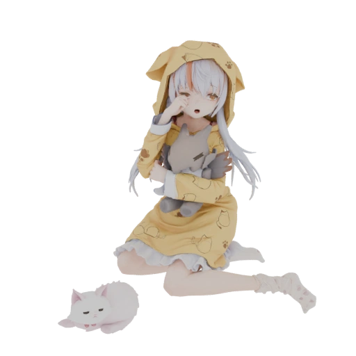 Sleepy Anime Girl with Cat Plush