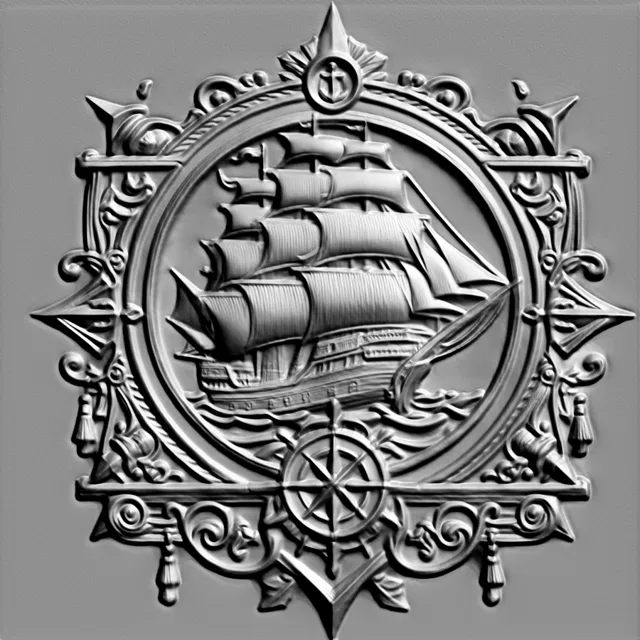 3D model of an antique sailing ship bas-relief in a decorative medallion with a compass
