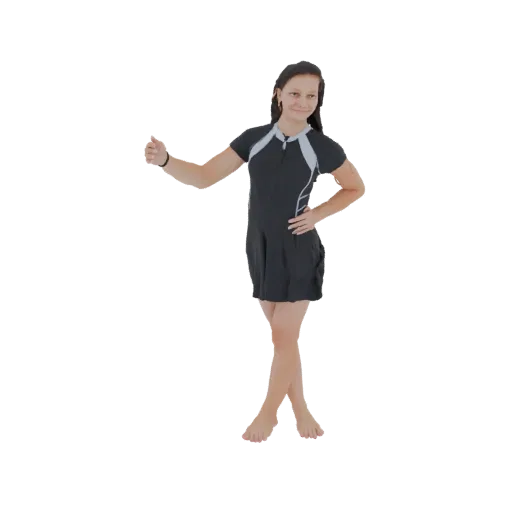 3D model of a young woman in a black swimsuit, smiling and giving a thumbs-up gesture, with one hand on her hip.