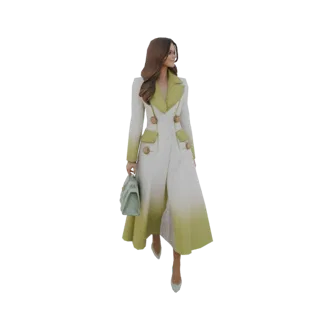 3D model of an elegant woman in a white and lime-green long coat, holding a mint green handbag and wearing matching heels.