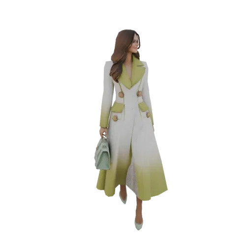 3D model of an elegant woman in a white and lime-green long coat, holding a mint green handbag and wearing matching heels.
