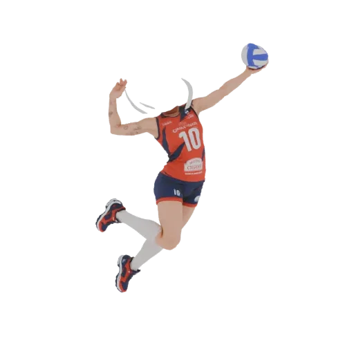 3D model of a female volleyball player in a dynamic mid-air jump pose, wearing a red and blue uniform, with a volleyball abov