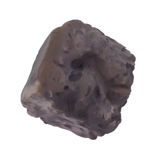 A 3D render of a rough, dark, irregularly shaped stone fragment with a textured surface.