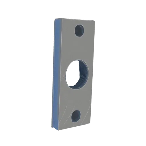 3D render of a rectangular metal plate with two circular holes and a large threaded opening in the center, featuring a blue e