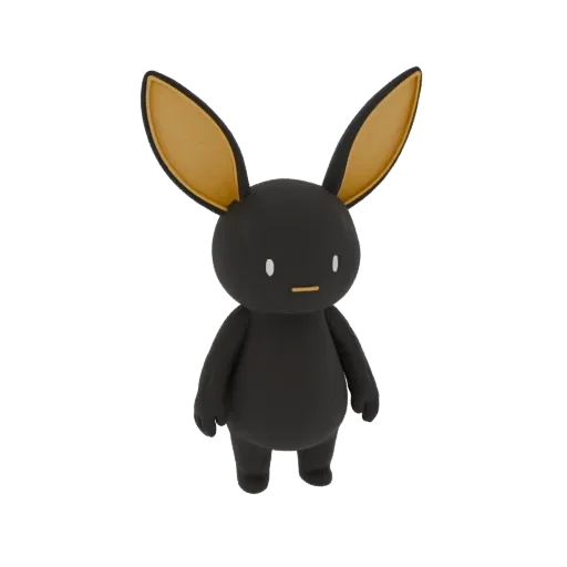 3D model of a cute black bunny character with large golden ears, standing and facing forward.