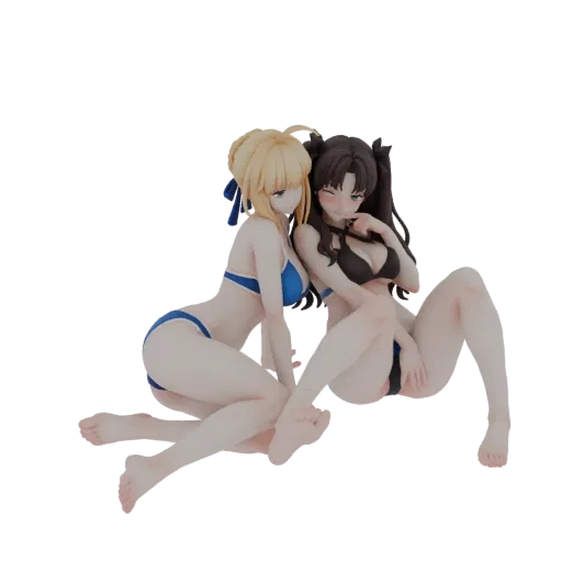 3D model of two anime girls in bikinis, one blonde in blue, the other brunette in black, posing together.