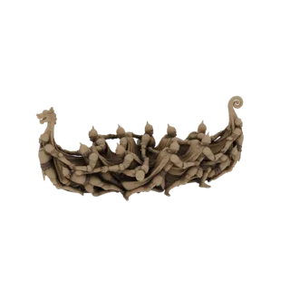 Modelo 3D de un drakkar vikingo con tripulación de remeros, con proa de cabeza de dragón y tallas detalladas.