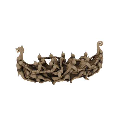 Modèle 3D d'un drakkar viking avec un équipage de rameurs, présentant une proue en tête de dragon et des sculptures détaillée
