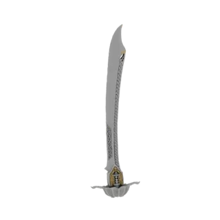 Un render 3D di uno scimitar ornato con lama curva e impugnatura dorata dettagliata, presentato su sfondo bianco.