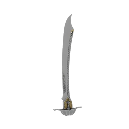 A 3D render of an ornate scimitar with a curved blade and detailed golden hilt, presented on a white background.