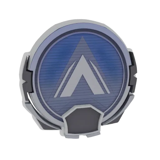 3D model of the Apex Legends Pathfinder emblem, featuring a stylized 'A' logo on a blue background with metallic grey mechani