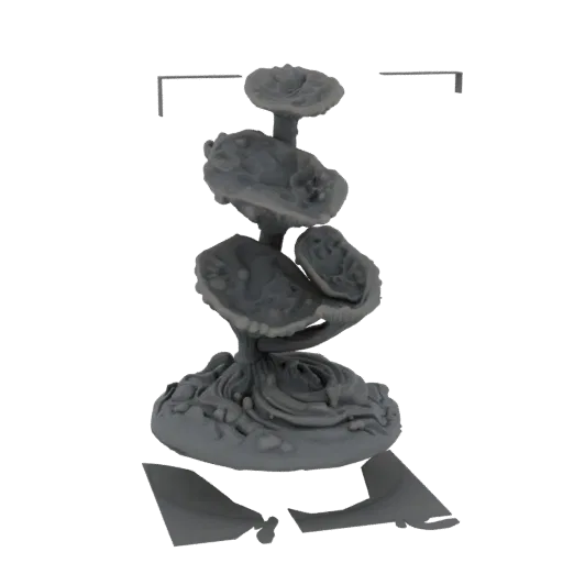 3D model render of an alien mushroom cluster with layered caps and a textured base, set against a white background.