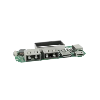 3D model of a green circuit board with two USB-A ports, one USB-C port, and other electronic components.
