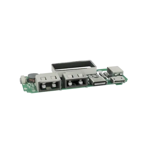 Modelo 3D de uma placa de circuito verde com duas portas USB-A, uma porta USB-C e outros componentes eletrônicos.