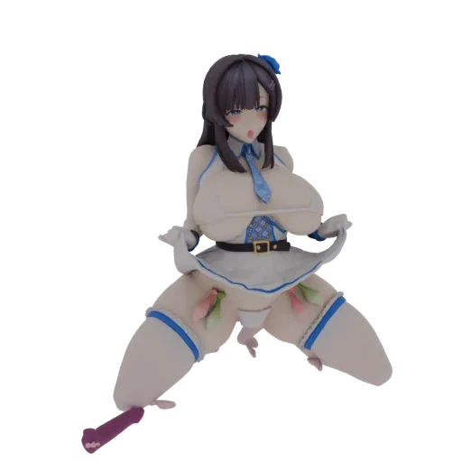 3D model of an anime idol girl in a dynamic pose, wearing a white and blue outfit with a patterned tie and black belt.