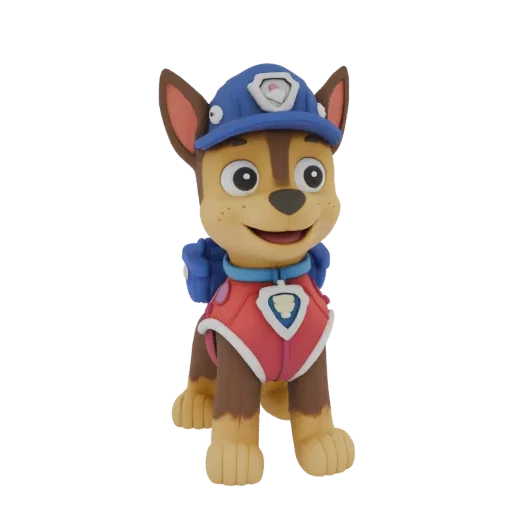 3D model of Chase from Paw Patrol in firefighter uniform, standing and smiling