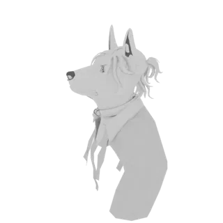 Modelo 3D de cabeça de cão estilizada com orelhas pontudas e cachecol branco, visto de perfil contra fundo branco.