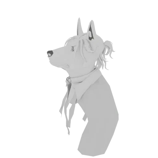 Modelo 3D de cabeça de cão estilizada com orelhas pontudas e cachecol branco, visto de perfil contra fundo branco.