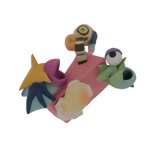 Un rendering 3D di un assemblaggio bizzarro di parti di creature colorate e fantastiche, inclusi occhi, pinne e forme astratt