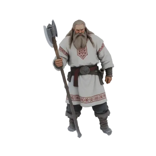 3D model of a Slavic warrior with a long beard, wearing traditional white and red patterned clothing, holding a large battle