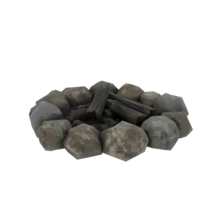 Modelo 3D de una hoguera rústica de piedra con leños carbonizados dentro, sobre un fondo blanco.