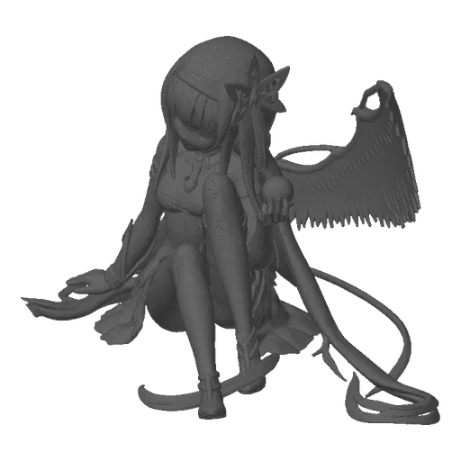 3D model of a white angel girl sitting with large feathered wings spread and holding a sphere.