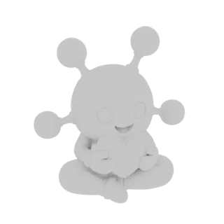 Un rendu 3D d'un personnage alien mignon, gris clair, avec des antennes, assis en tailleur et tenant un cœur dans ses mains.