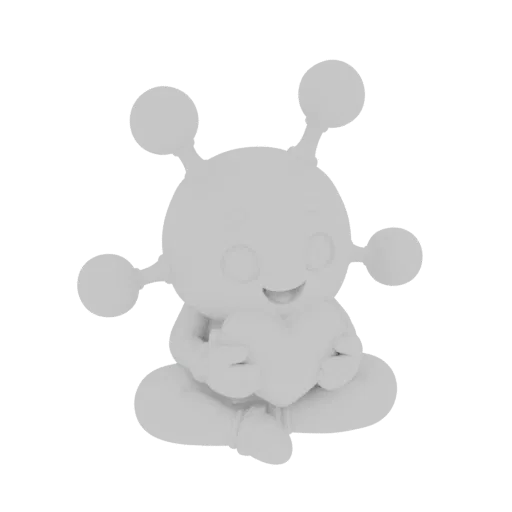 Uma renderização 3D de um personagem alienígena fofo, cinza claro, com antenas, sentado de pernas cruzadas e segurando um cor