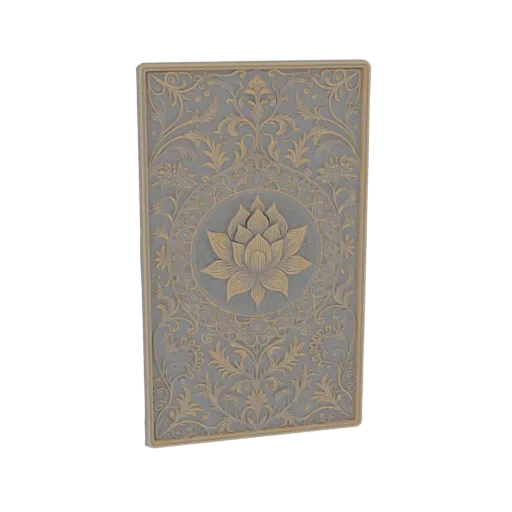 3D model of an ornate rectangular panel with intricate floral carvings and a central lotus flower, rendered in a grey and gol