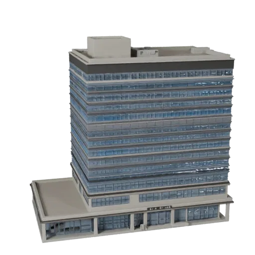 Post Office realistic 3D model, three-quarter exterior view, showing public building materials and architectural detail