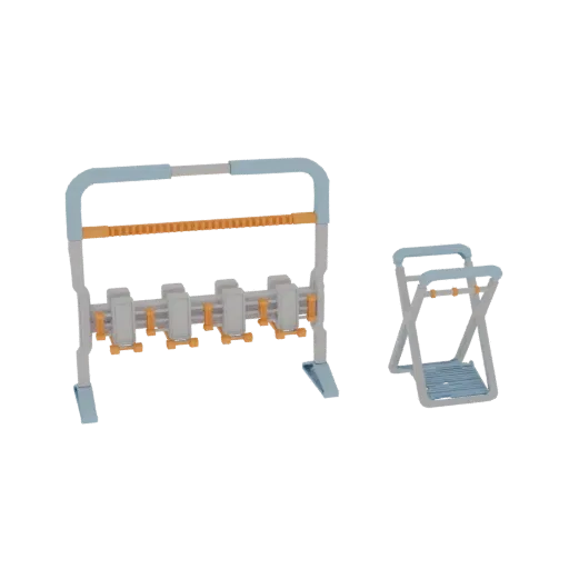 3D model of a light blue and grey industrial machine with an orange gear rack and four cylinders, next to a foldable blue sta