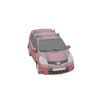 3D model of a red Nissan Note station wagon with silver roof rails, viewed from a slightly elevated front-right angle.