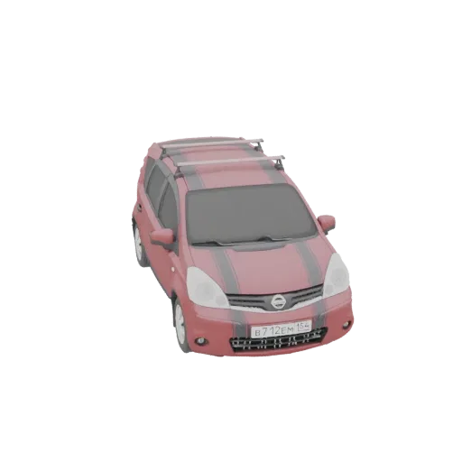 3D model of a red Nissan Note station wagon with silver roof rails, viewed from a slightly elevated front-right angle.