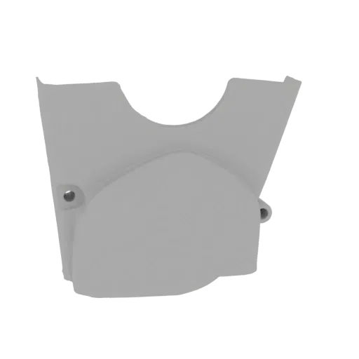 3D model of a gray motorcycle chain guard with a curved protective shell and mounting holes.