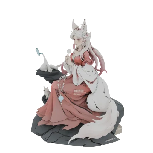 3D model of a Fox Spirit Maiden with long white hair, wearing a pink and white robe, sitting on rocks with two small white fo