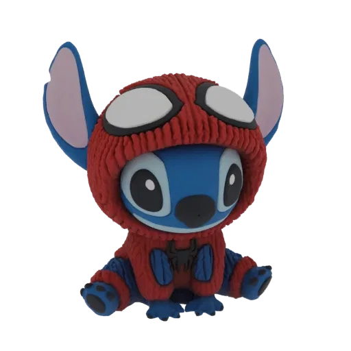 Modelo 3D de Stitch de Lilo & Stitch disfrazado de Spider-Man, sentado y mirando hacia adelante, vistiendo un traje con capuc