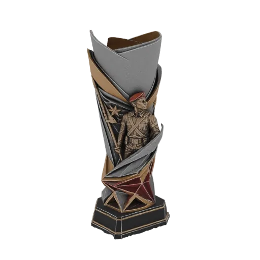 3D model of a military soldier trophy with abstract silver and gold elements and a bronze-colored soldier figure.