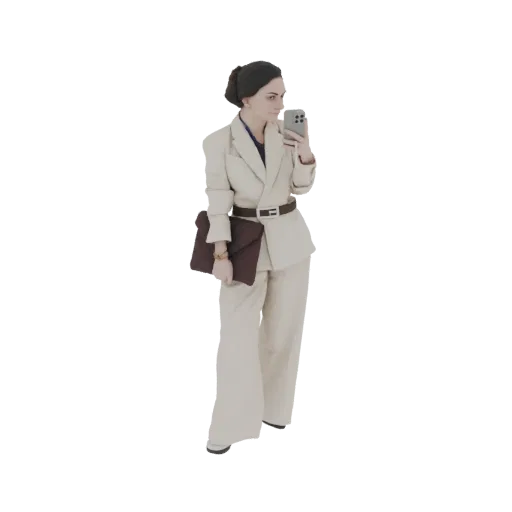 3D model of a woman in a beige suit and headscarf, holding a clutch and a smartphone to take a selfie.