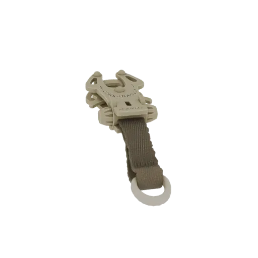 3D model of a tan tactical buckle clip with a webbing strap and D-ring, isolated on a white background.