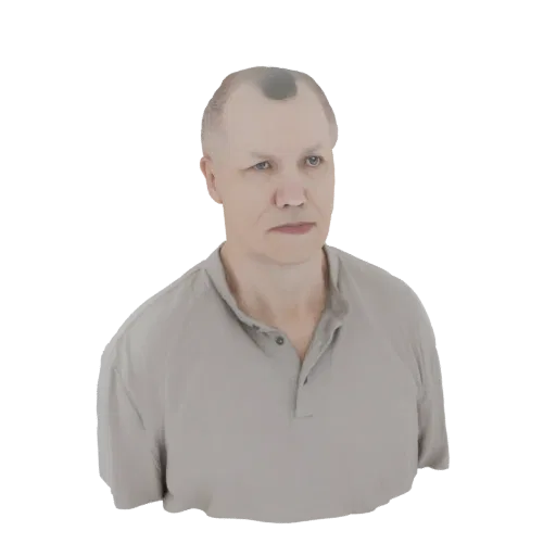 3D model render of a middle-aged man with short hair wearing a light grey polo shirt, looking slightly to the right.