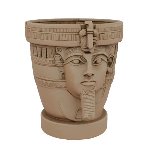 Modèle 3D d'un cache-pot en forme de tête de pharaon égyptien avec coiffe némès et barbe, sur une base plate