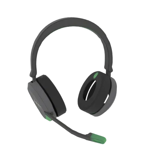 Rendu 3D d'un casque de jeu gris foncé avec des accents verts sur les oreillettes et le microphone, sur fond blanc.